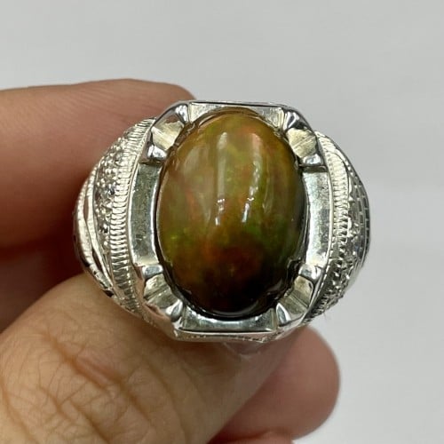 خاتم فضة رجالي بحجر اوبال اثيوبي طبيعي