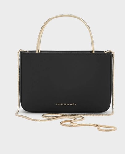 Satin Crystal-Embellished Top Handle Bag - Black