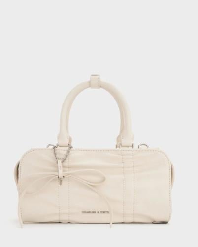 Kadee Ruched Bow-Charm Bowling Bag - Cream
