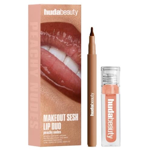هدى بيوتي | مجموعة ثنائية للشفاه ميك أوت سيش HUDA BEAUTY | Make Out Sesh Lip Stain and Lip Gloss Duo Peachy Nudes