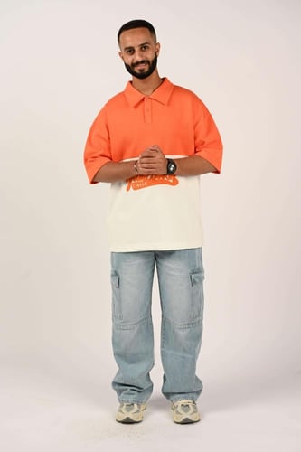 تيشرت اوفر سايز ابيض و برتقالي