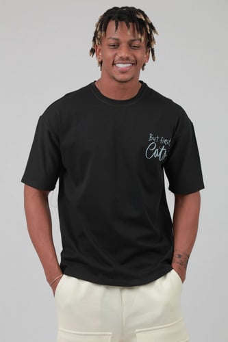 تيشرت اوفر سايز اسود S-159 بطبعة BUT FIRST