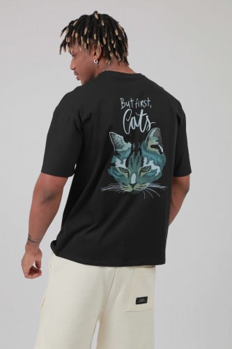 تيشرت اوفر سايز اسود S-159 بطبعة BUT FIRST