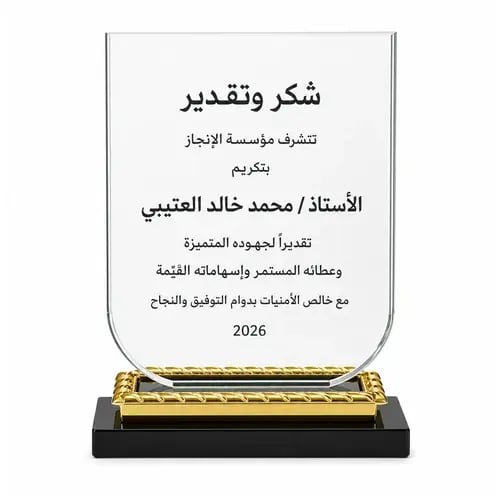 درع كريستال شكر وتقدير بالاسم والعبارة