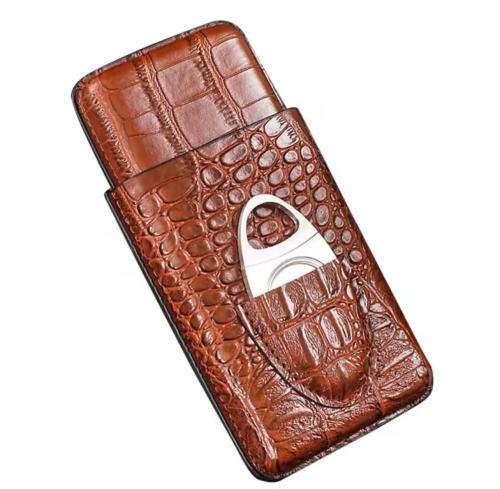 حافظة سيجار جلد بني ثلاثي & مقص ستانلس Triple Ciga...