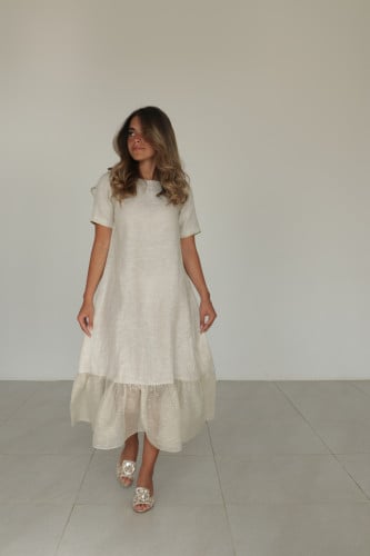 Beige linen dress with tulle ruffles