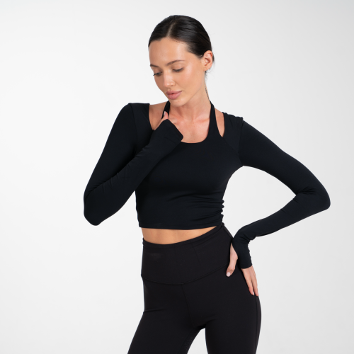 Halter Neck Long Sleeve Top - Black
