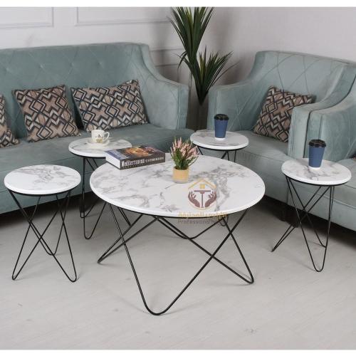 طقم طاولات 5 قطع تقديم وخدمة لون أسود سطح خشب