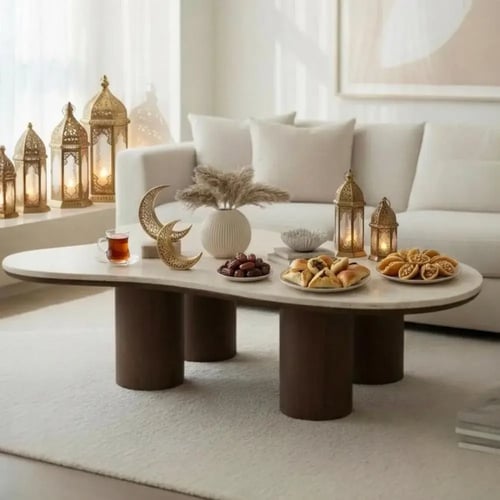 طاولة ضيافة قاعدة خشب بني سطح بديل رخام