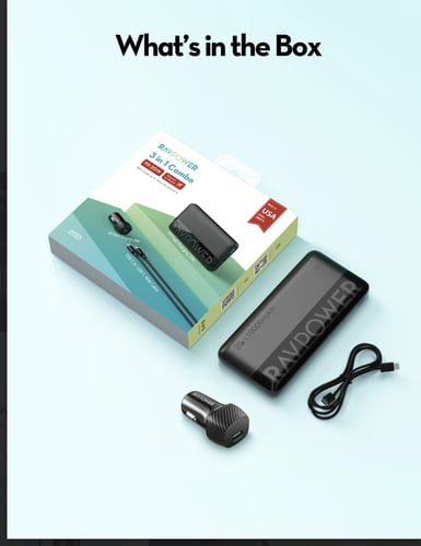 راف باور بكج بطارية 10 الاف و فيش سيارة وكيبل تايب...