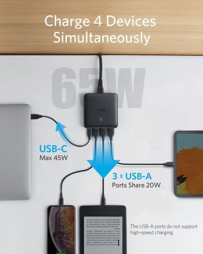 انكر منصة شحن بقوة 65W مع منفذ PD و 3 منافذ USB قم...
