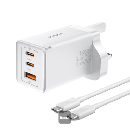 بيسوس شاحن جداري بقوة 65W بمنفذين تايب سي ومنفذ يو...