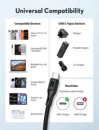 راف باور كيبل تايب سي الى تايب سي بقوة 240 واط بطو...