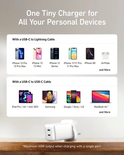 انكر شاحن جداري نانو برو بقوة 40 واط بمنفذين تايب...