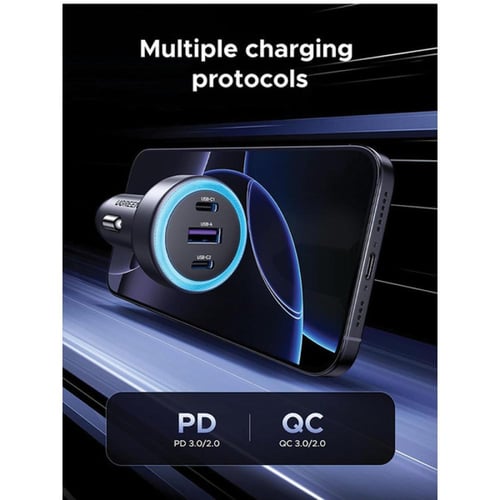 شاحن سيارة يوجرين سريع بمنفذين USB-C ومنفذ USB وبق...