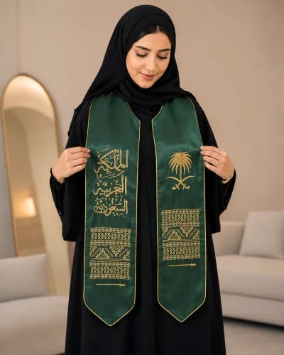وشاح اليوم الوطني تطريز فاخر لون أخضر