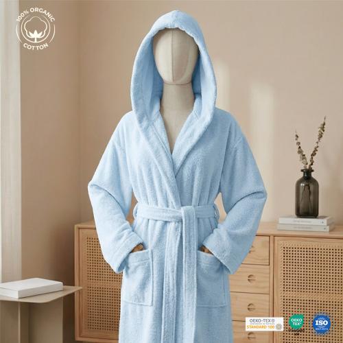 روب حمام قطن فندقي فاخر بقبعة رأس لون سماوي فري سا...