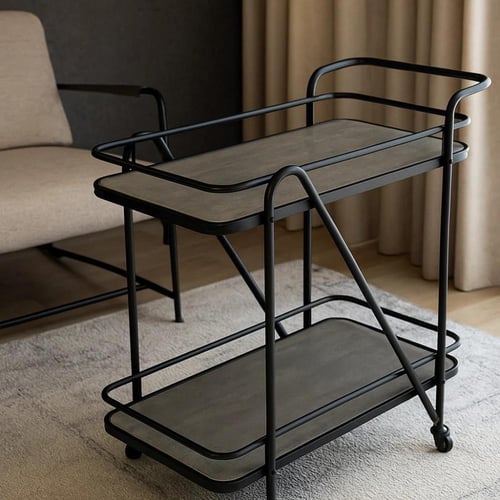 عربة تقديم مستطيلة خشب ومعدن بعجلات