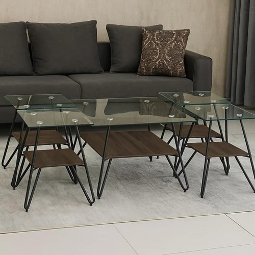 طقم طاولات شاي خشب مع زجاج – 5 قطع