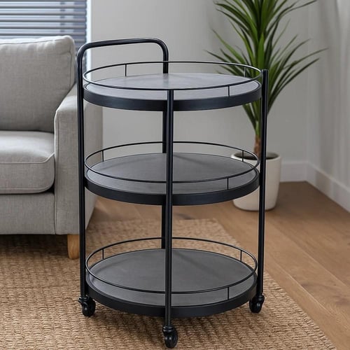 عربة تقديم خشب ومعدن بثلاثة رفوف بعجلات