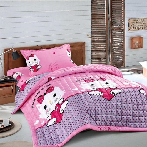 مفرش أطفال مخمل مضغوط 3 قطع – وردي رمادي كرتوني +...