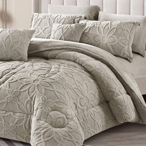 طقم لحاف Velvet Bloomمخمل فرو بتفاصيل بارزة دانتيل...