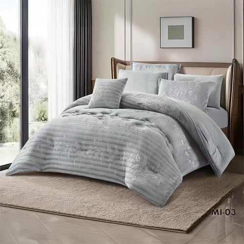 طقم مفرش شتوي إم آي | مخمل محفور فاخر | لون رمادي