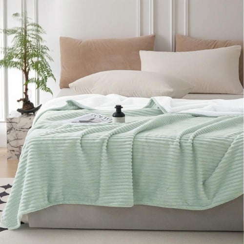 بطانية فلانو وجهين مخمل وفرو مقلمة | لون فيروزي