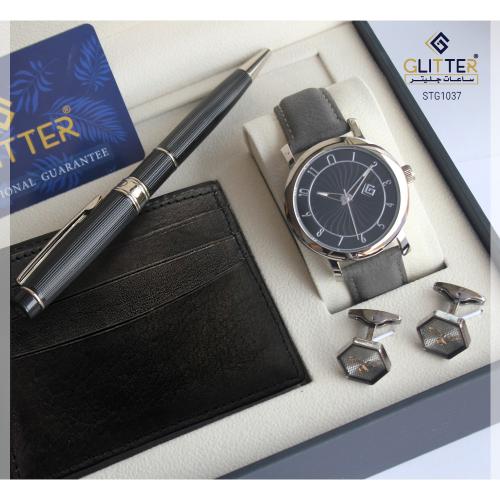 طقم ساعه رجالي جليتر بلونين رمادي و فضي ومينا رماد...