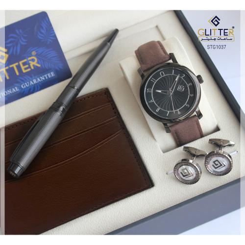 طقم ساعه رجالي جليتر بلونين بني واسود ومينا اسود ا...