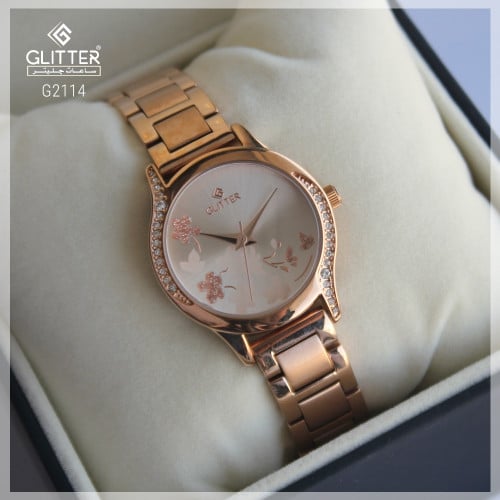 ساعة نسائي جليتر بلون روز استالس ستيل بمينا ورود