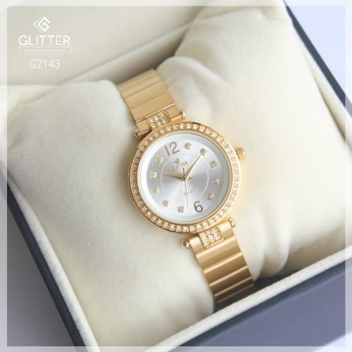 ساعة نسائي جليتر بلون ذهبي مينا فضي استالس ستيل