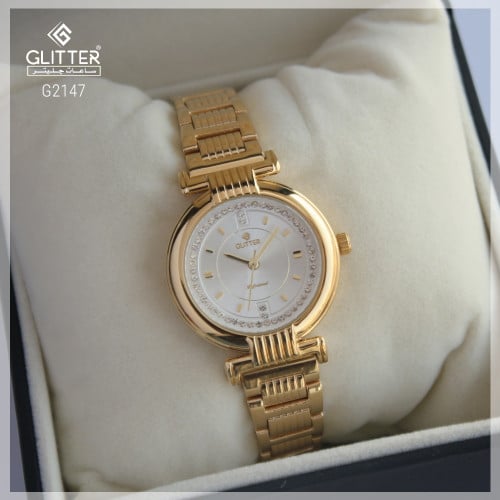 ساعة نسائي جليتر بلون ذهبي مينا فضي استالس ستيل