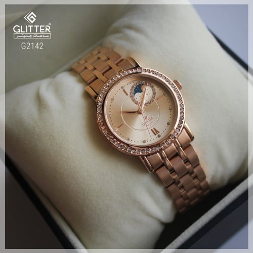 ساعة نسائي جليتر بلون روز استالس ستيل بميناء قمري