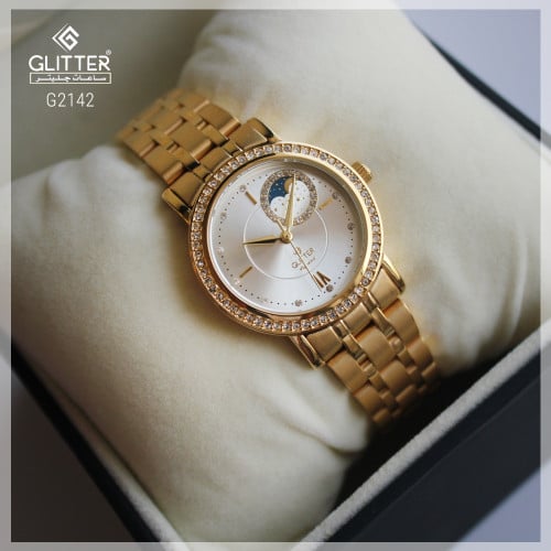 ساعة نسائي جليتر بلون ذهبي مينا فضي استالس ستيل بم...