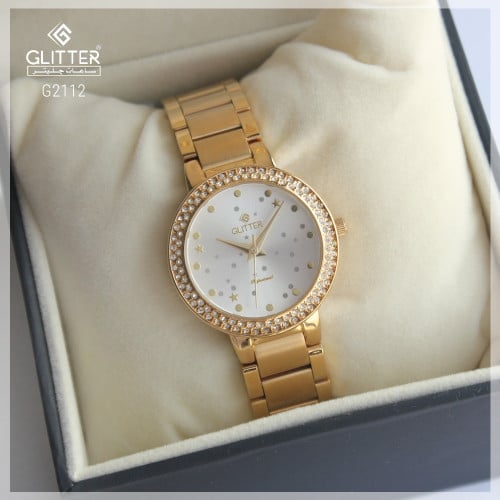 ساعة نسائي جليتر بلون ذهبي مينا فضي استالس ستيل مي...