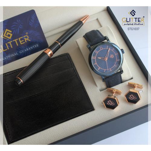 طقم ساعه رجالي جليتر بلون أزرق ومينا أزرق استالس س...