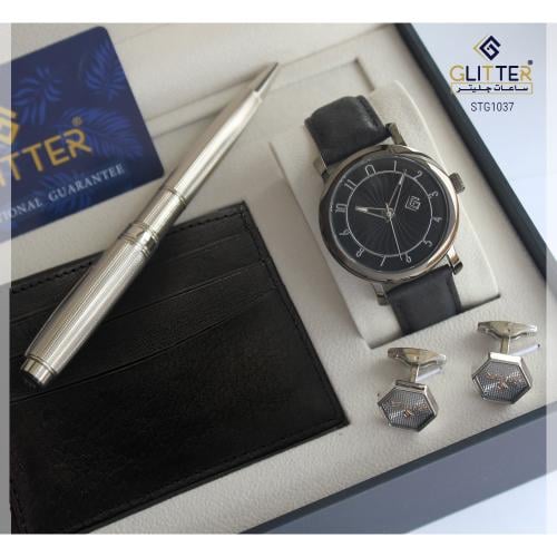 طقم ساعه رجالي جليتر بلونين اسود وفضي ومينا اسود ا...