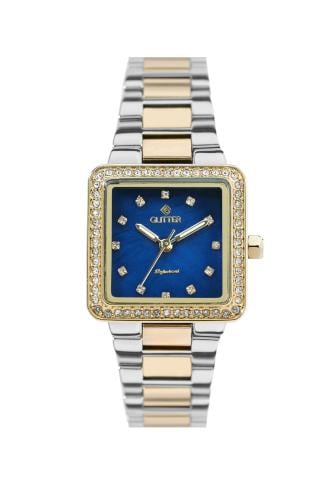 ساعة نسائي مربع فصوص بلونين مينا أزرق استالس استيل