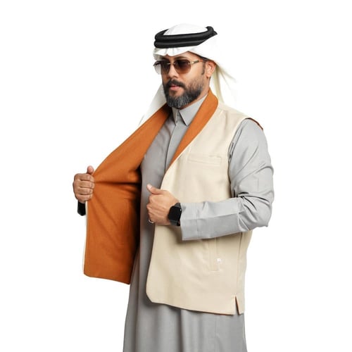 سديري ياقة دبل فيس جوخ - رجالي قلاب (جملي- بيج)