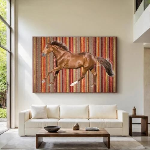 سحر التراث - لوحة الخيل والنسيج الشرقي الدافئ