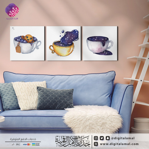 A multi-panel wall art with colorful cups