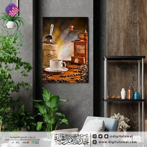 Wall art for a coffee cup with coffee bean grindin...