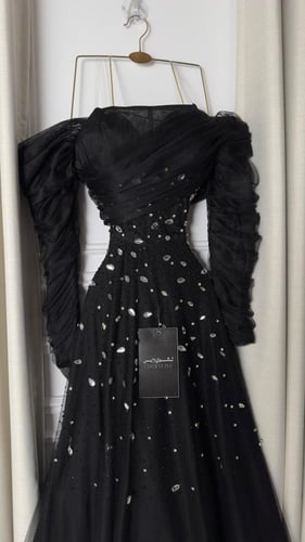 فستان سهره أوف شولدر مزين بالكرستال بعدة الوان