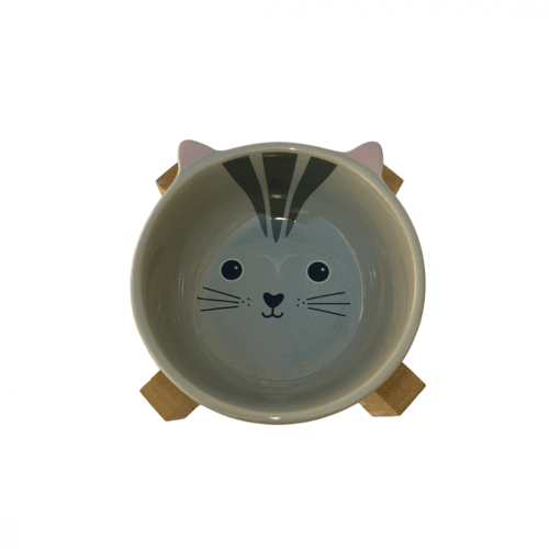 صحن طعام وشراب سيراميك بقاعدة خشبية للقطط