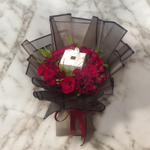 Red flower bouquet and Patchi chocolates - City Fl...