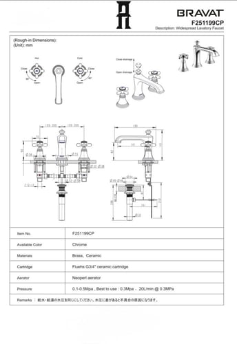 خلاط مغسلة 3 فتحة ذهبي مسكة مروحه برافات / BRAVAT