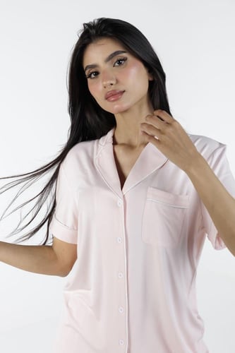 طقم بيجاما بأكمام قصيرة من البامبو الطبيعي-وردي بل...