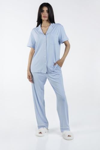 طقم بيجاما بأكمام قصيرة من البامبو الطبيعي-أزرق بو...