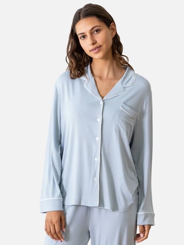 طقم بيجاما بأكمام طويلة من البامبو الطبيعي- ازرق ب...